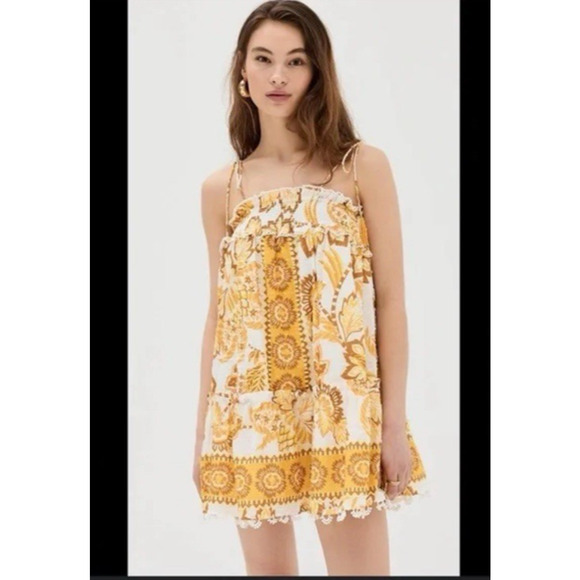 Caroline Costas Dress Large Yellow Floral Smoked Boho New Straps Aline - Picture 1 of 14